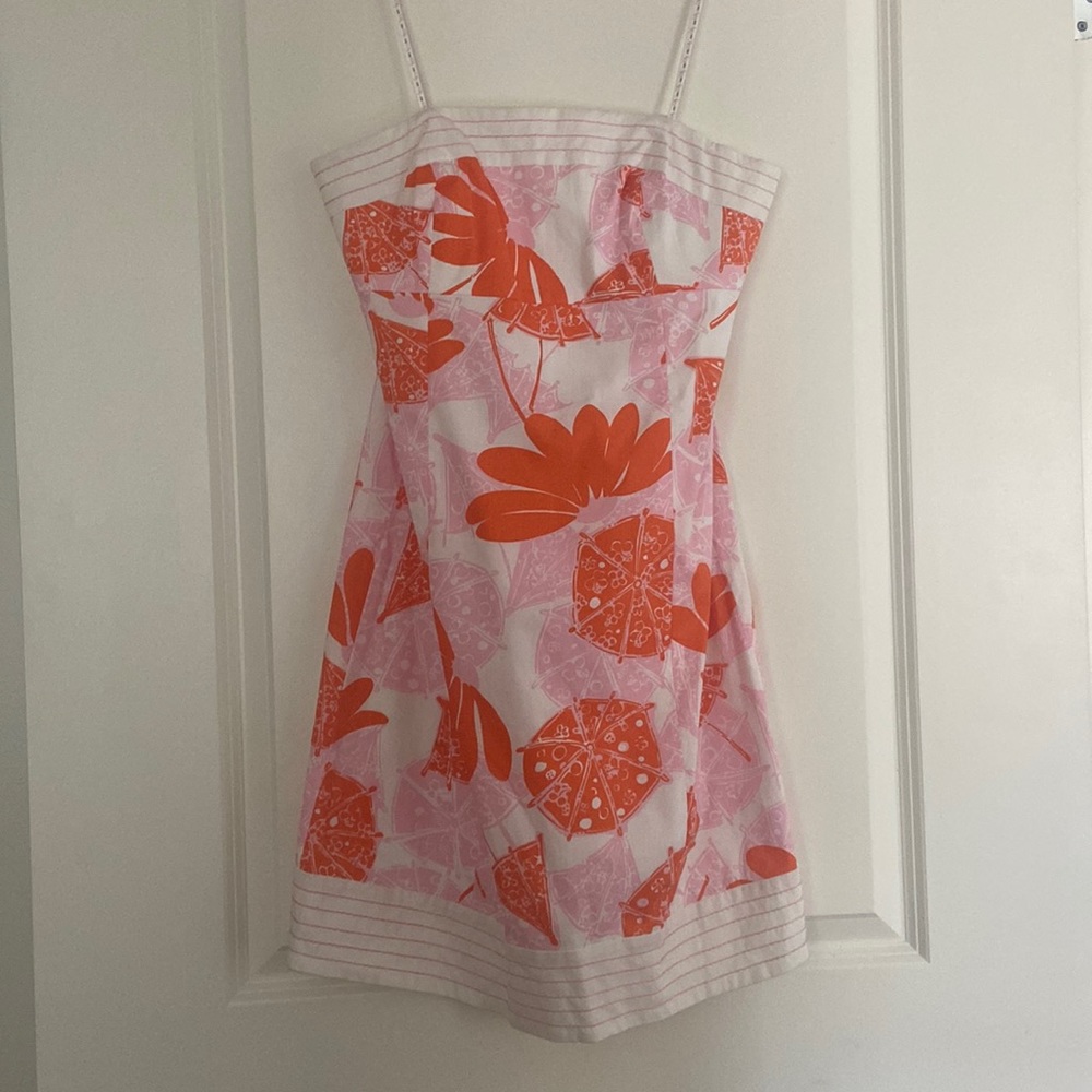 Lilly Pulitzer strapless orange and grapefruit print dress, size 6